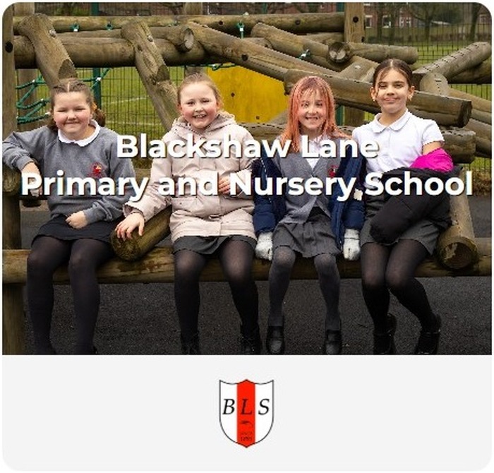 Blackshaw Lane Primary and Nursery School admissions card featuring pupils and the school logo