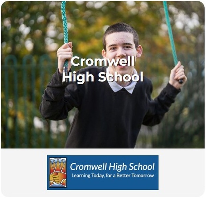 Cromwell High School admissions card featuring pupils and the school logo