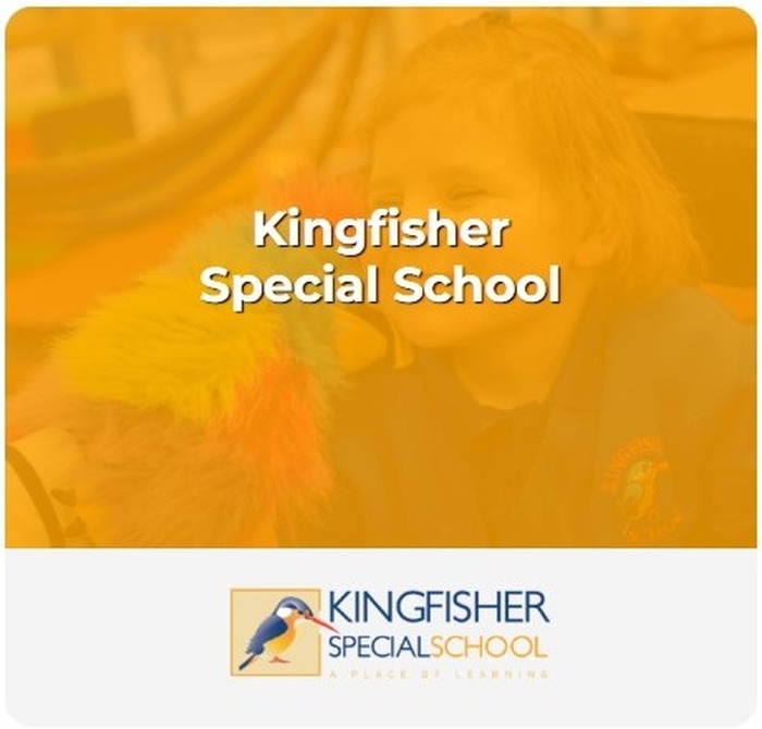 Kingfisher Special School admissions card featuring pupils and the school logo