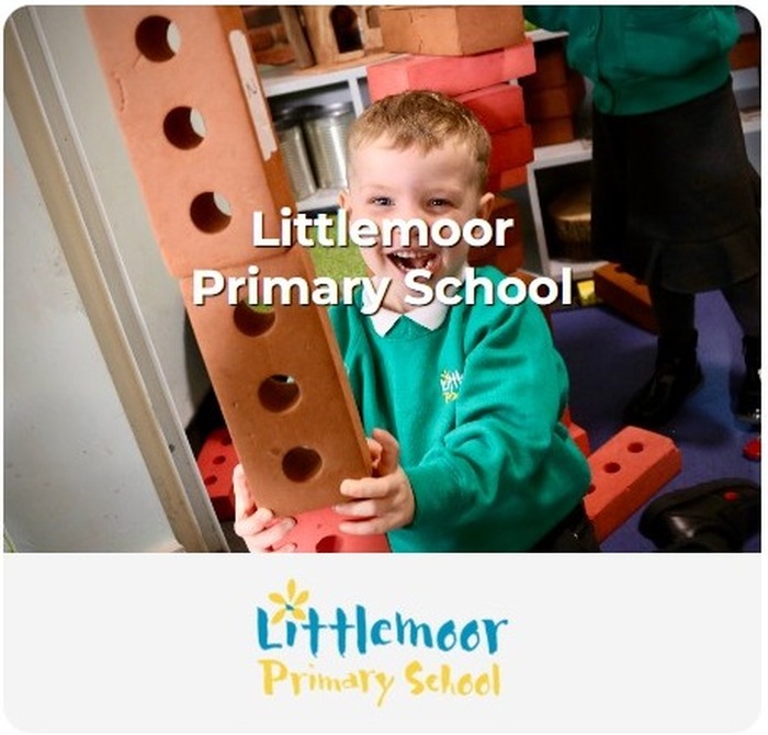 Littlemoor Primary School admissions card featuring pupils and the school logo