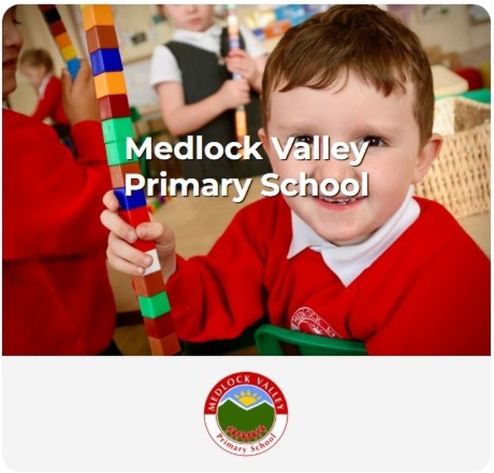 Medlock Valley Primary School admissions card featuring pupils and the school logo