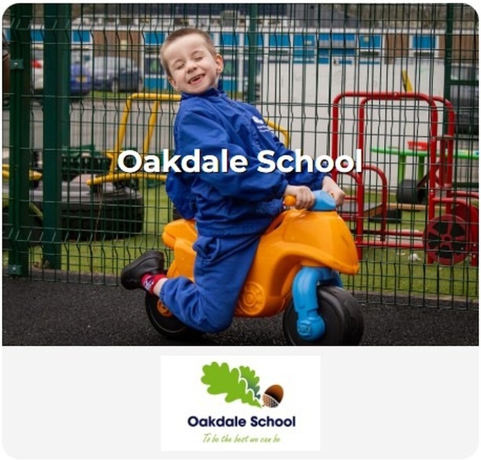Oakdale School admissions card featuring pupils and the school logo